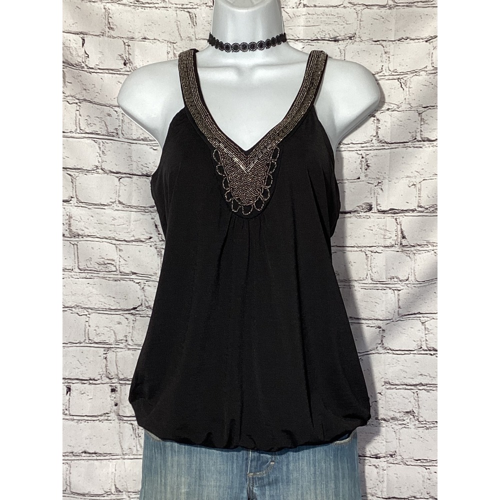6 Degrees Black Beaded Halter Neck Bubble Hem Tank Top Medium SD10374-CRE